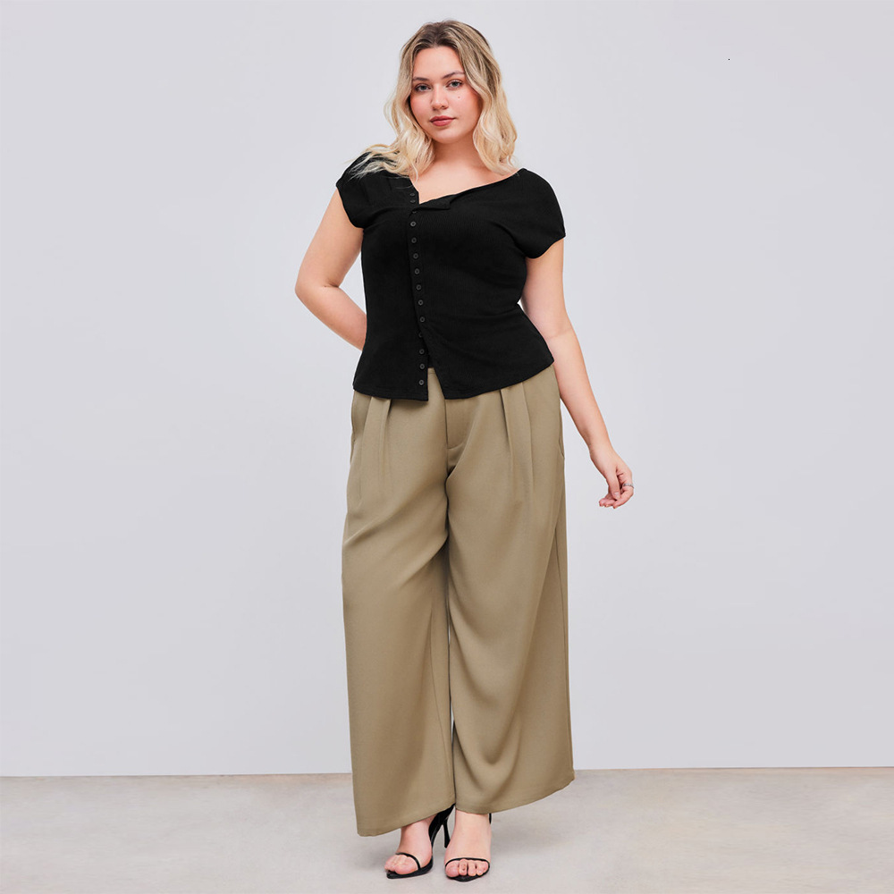 Plus Size Womens Slanted Neck T-shirt Summer New Single Breasted Slim Fit Shoulder Top