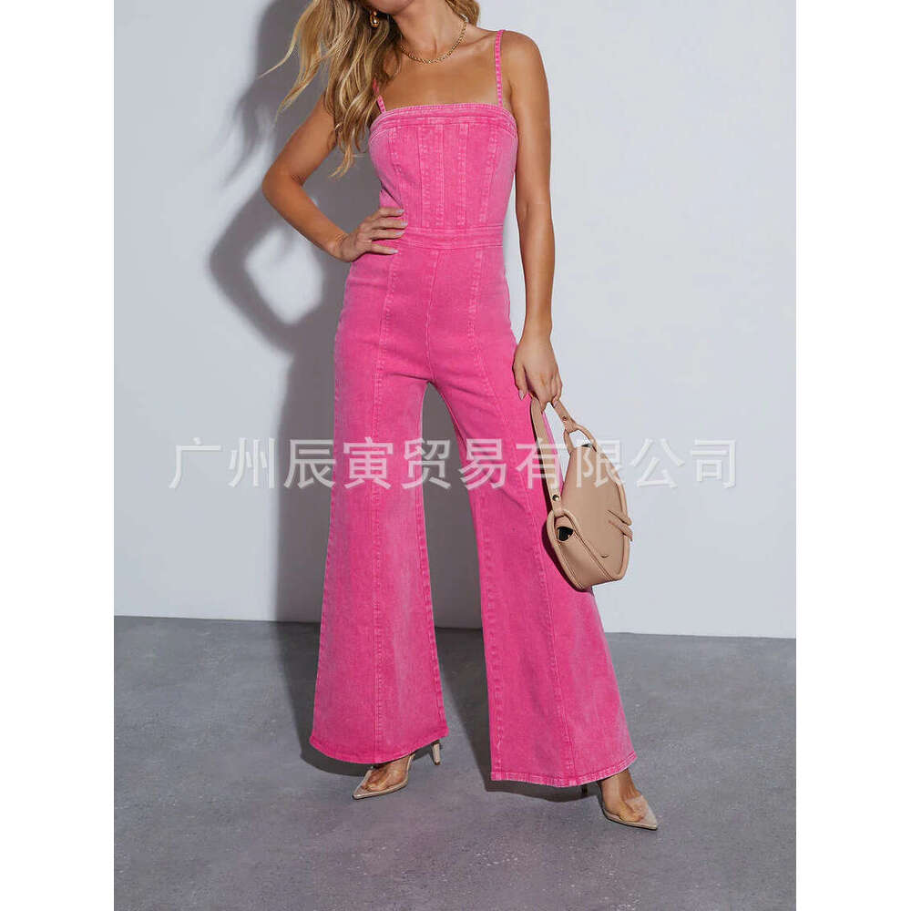 Instagram New Women Summer jumpsuit Cotton denim washed suspender slim fit high elastic micro flare pants