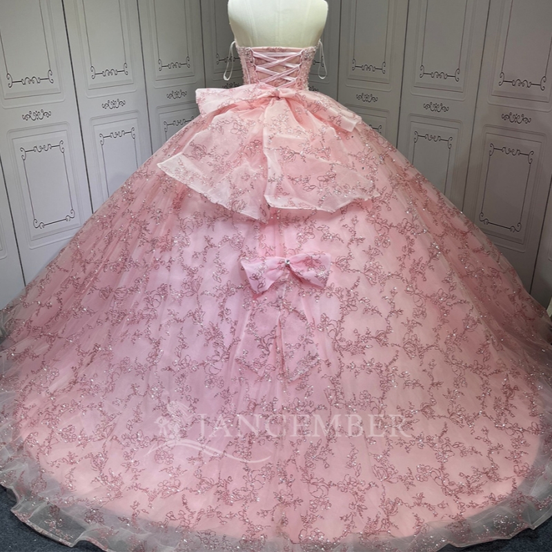 Pink Shiny Quinceanera Dresses Off Shoulder Ball Gown Sweet 16 Dress Sequin Applique Lace Beading Crystal Bow Tull Birthday Party