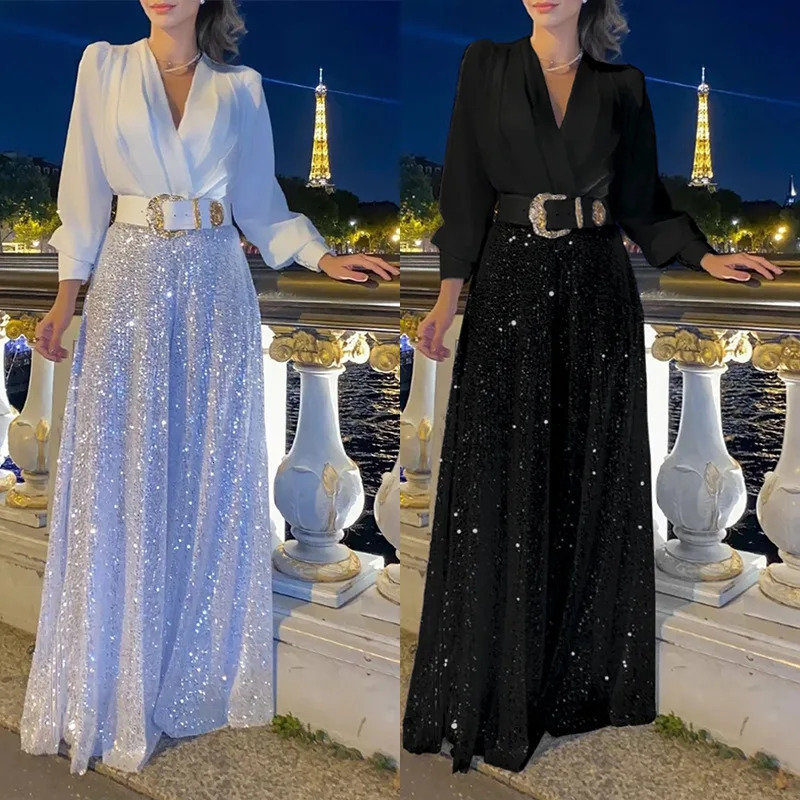 Plus-size fashionable V-neck long sleeve shirt temperament elegant sequins wide-legged onesie plus-size womens clothing 250515