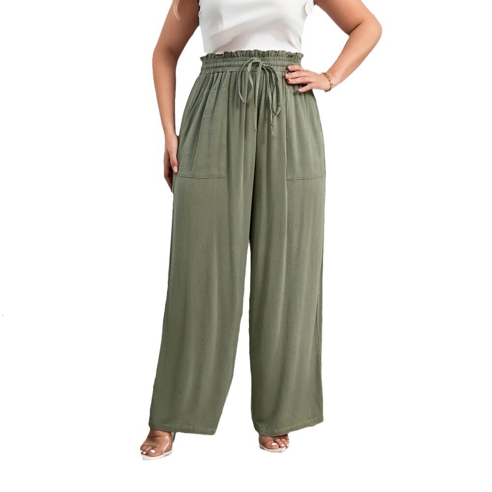 2025 Spring/summer New Large Womens Elegant Style Loose Casual Pants with Strap Elastic Waist Straight Leg Pants