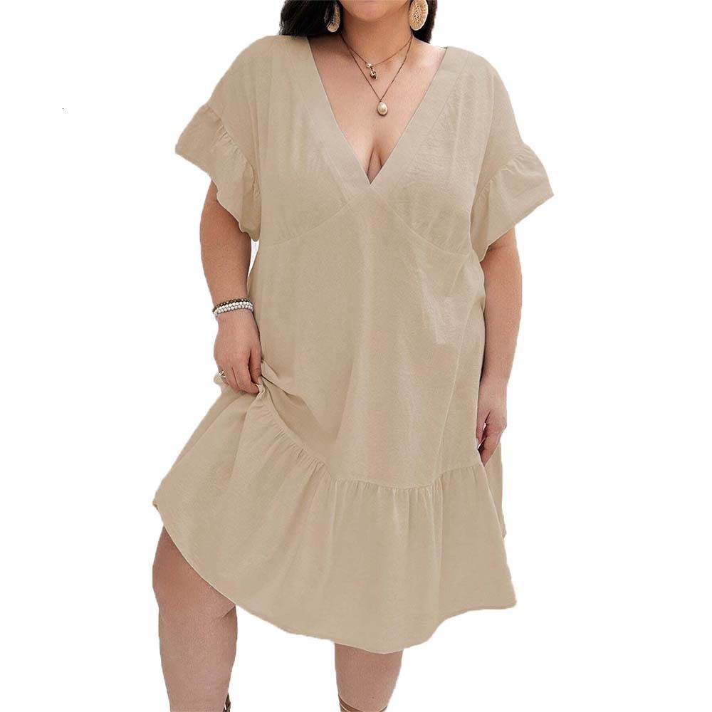 Large Size Womens Casual Style V-neck Dress Summer New High Waisted Pleated A-line Mid Size Skirt Childrens