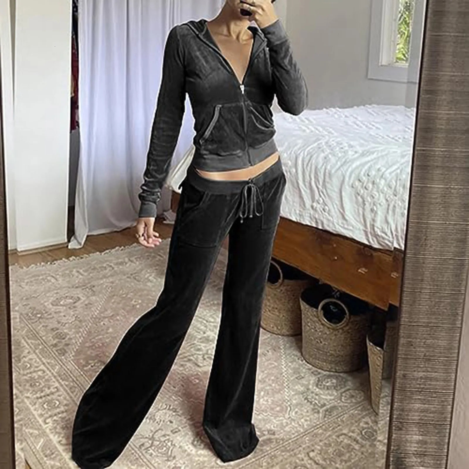 Women Tracksuit Set 2 Piece Slim Fit Velour Velvet Sweatsuit Casual Zip Up Hoodie Jacket And Solid Sweatpants Sweater Suits 250515