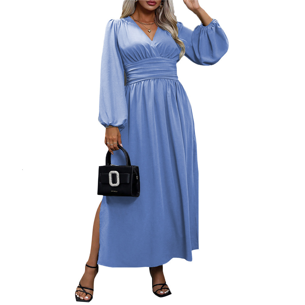 Plus Size Womens Sexy V-neck Cinched Waist Large Skirt Slit Long Sleeved Dress