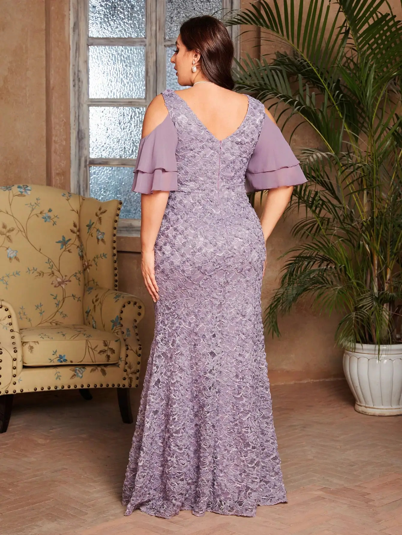 Mgiacy plus sizeV-neck romantic three-dimensional lace patchwork chiffon multi-layer off-the-shoulder sleeve fishtail slim dress 250515