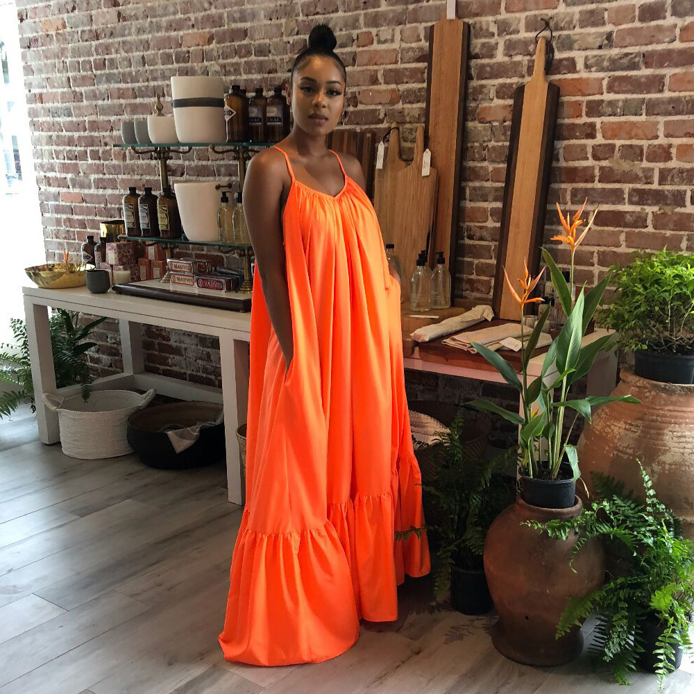 Women Dresses New Fashion Hot Selling Sexy Sling Sleeveless Solid Color Long Swing Dress