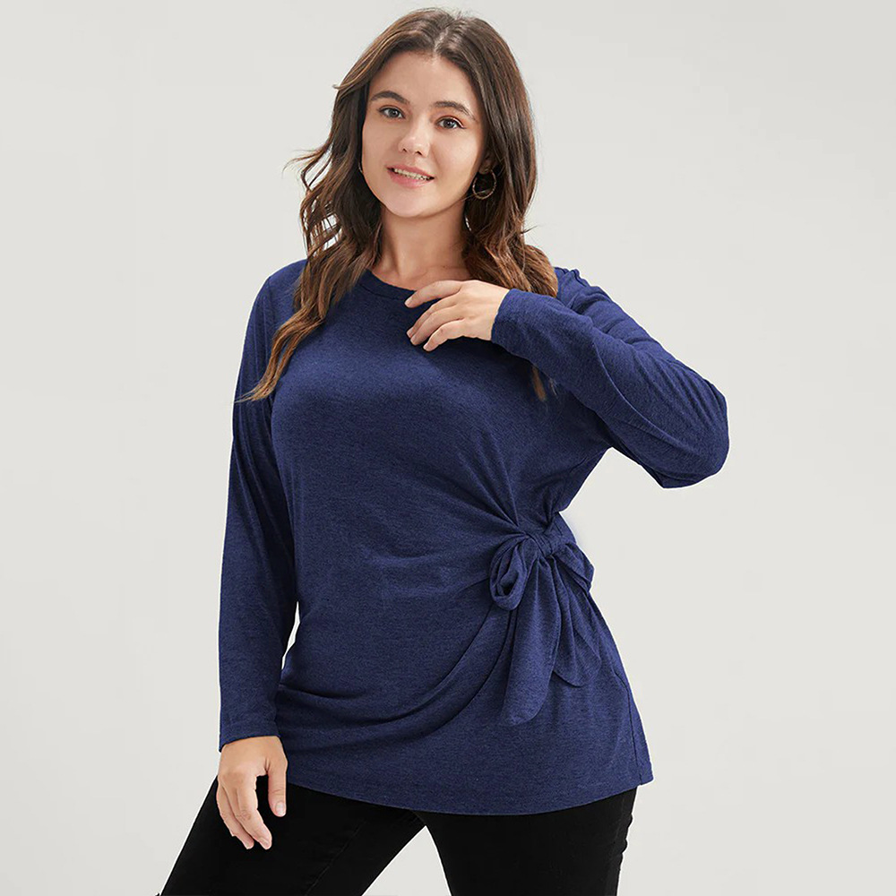 Large Size Womens Simple and Elegant T-shirt for Autumn and Winter Slim Fit Pleated Twisted and Slimming Top