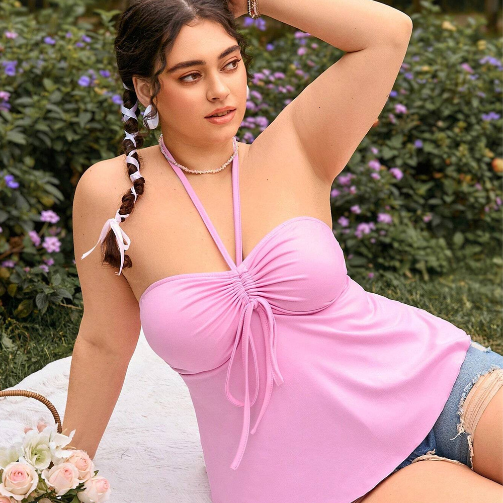 Oversized Womens Clothing Simple Pure Sexy Temperament Slimming Pink Hanging Neck Strap Vest Top