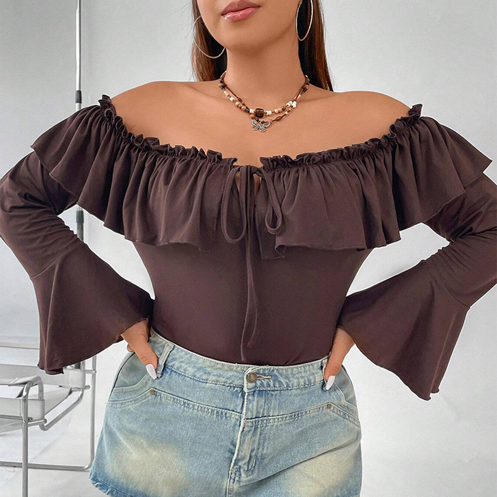 Large Womens Clothing Autumn and Winter New Item Ruffled Flared Sleeves Slim Fit Temperament One Collar Top