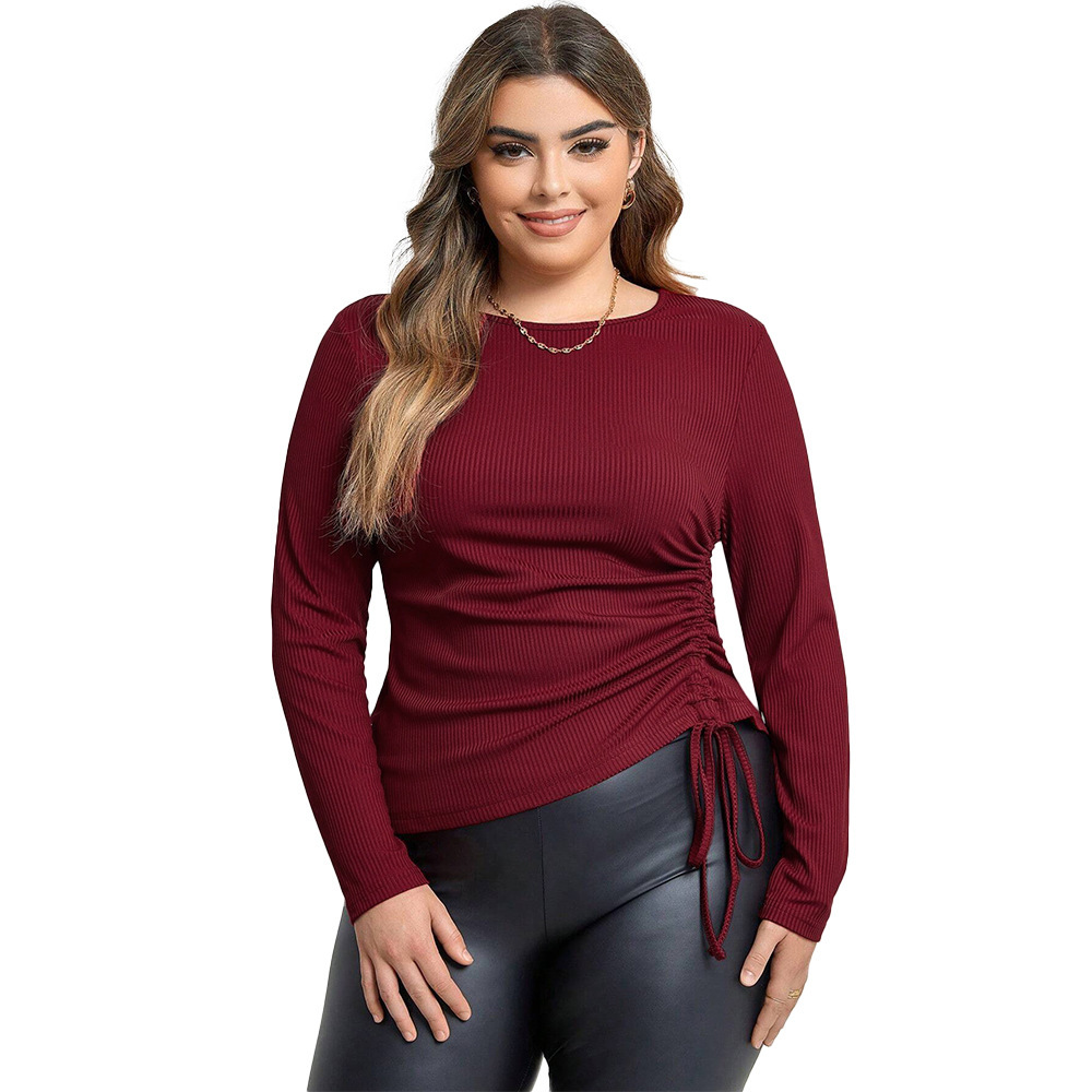 Large Size Womens Clothing Autumn and Winter New Item Slim Fit Drawstring Temperament Long Sleeved T-shirt Sexy Top Top