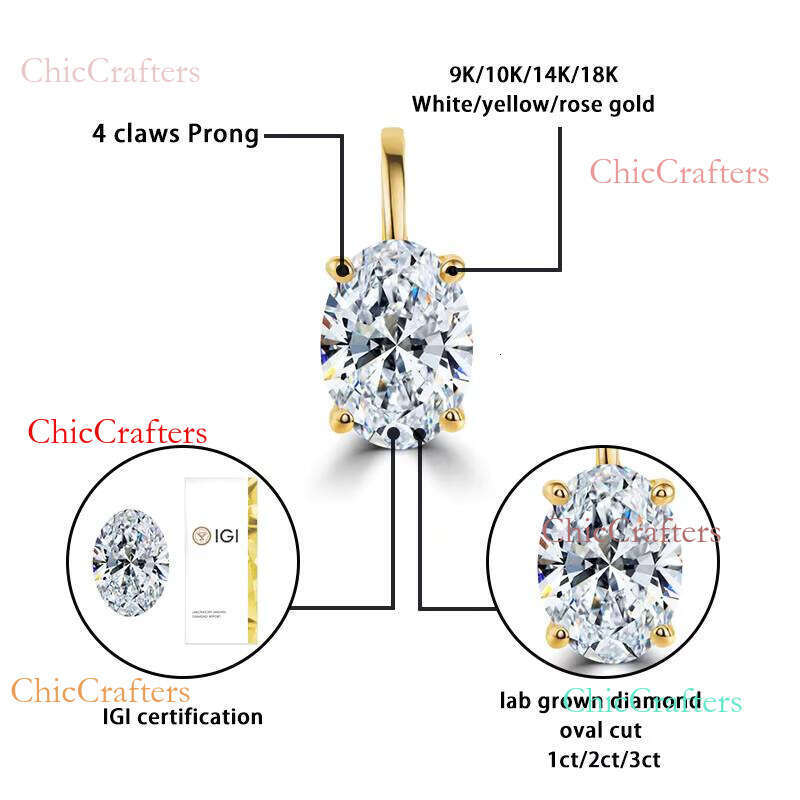 Starsgem 1ct & 2ct 10k 14k Gold D VS1 Oval Cut IGI Lab Grown HPHT CVD Loose Solitaire Pendant Exquisite Dia Pendants Charms