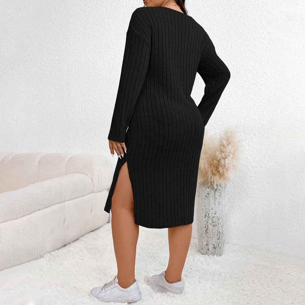 Plus Size Womens V-neck Autumn/winter High Waisted Slit Long Sleeved Solid Color Medium Length Dress