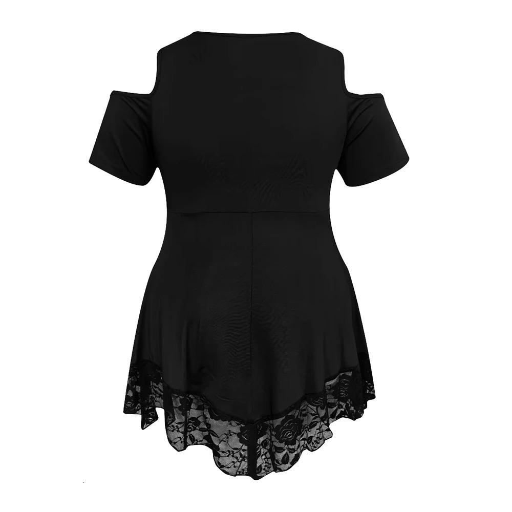 Plus Size Womens Lace Solid V-Neck Cold Shoulder Tunic Tops Summer Ladies Casual Blouse T Shirts Tee XL 2XL 3XL 4XL 5XL 6XL 250515