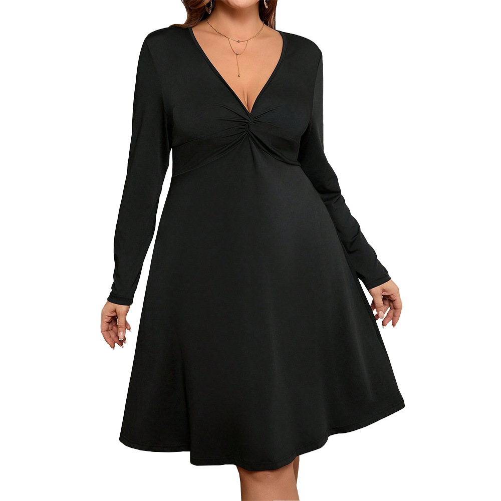 Large Size Womens Fashionable and Elegant Dress with a Sense of Temperament Autumn and Winter Deep V-neck Sexy Slim Fit Mid Length Skirt