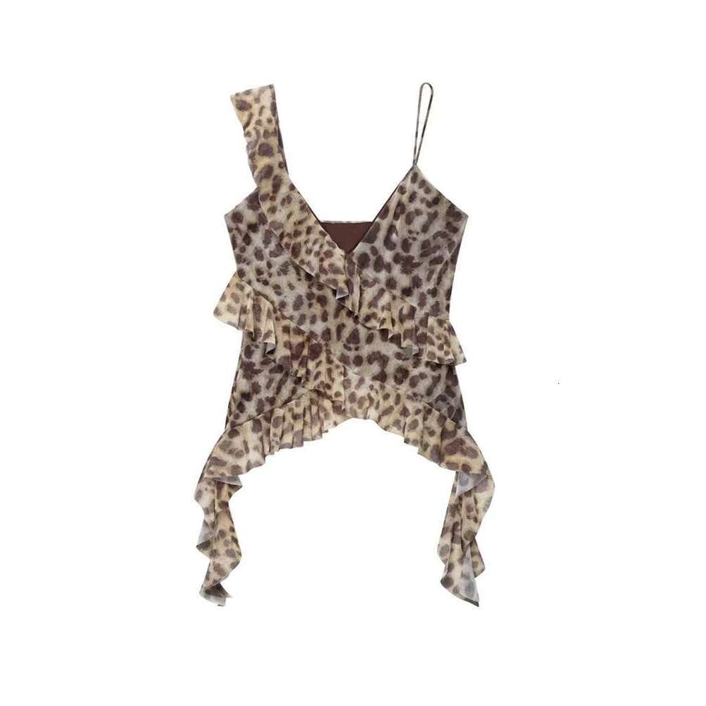 TRZA Women Fashion With Ruffles Printed Tulle Tank Tops V Neck Asymmetric Straps Female Camis Mujer