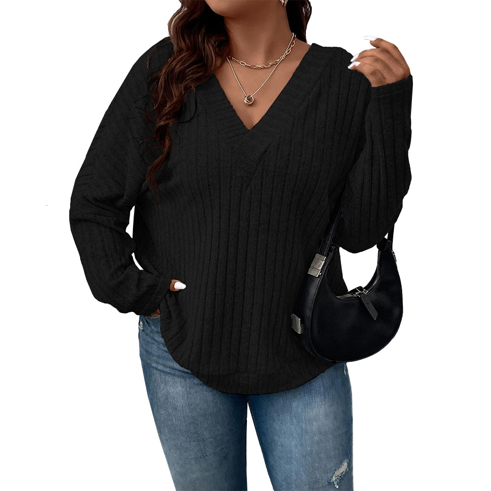 New Plus Size Womens Versatile T-shirt Autumn and Winter Wide Truffle Back Design Sense Solid Color Long Sleeved Top