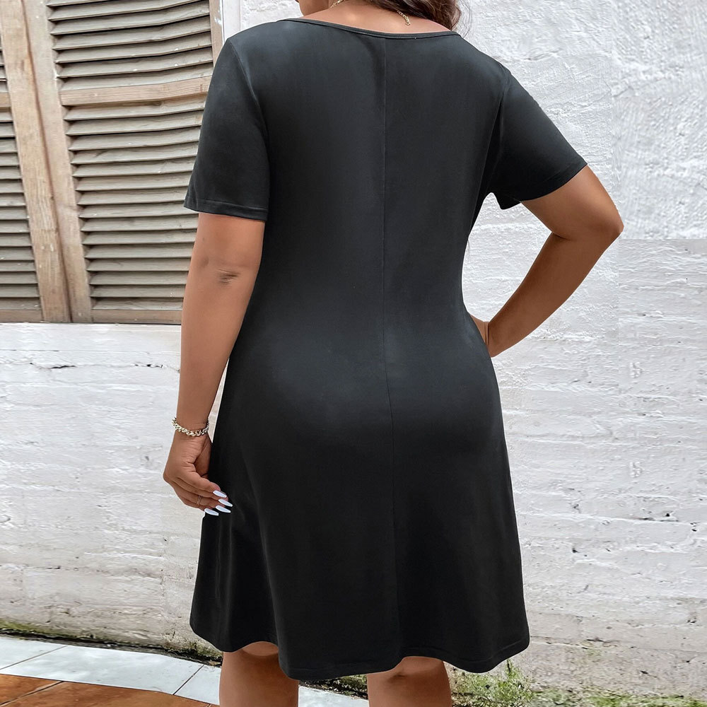 New Plus Size Womens Waist Cinching Slimming A-line Skirt Solid Color Casual Short Sleeved Fashionable Temperament Dress