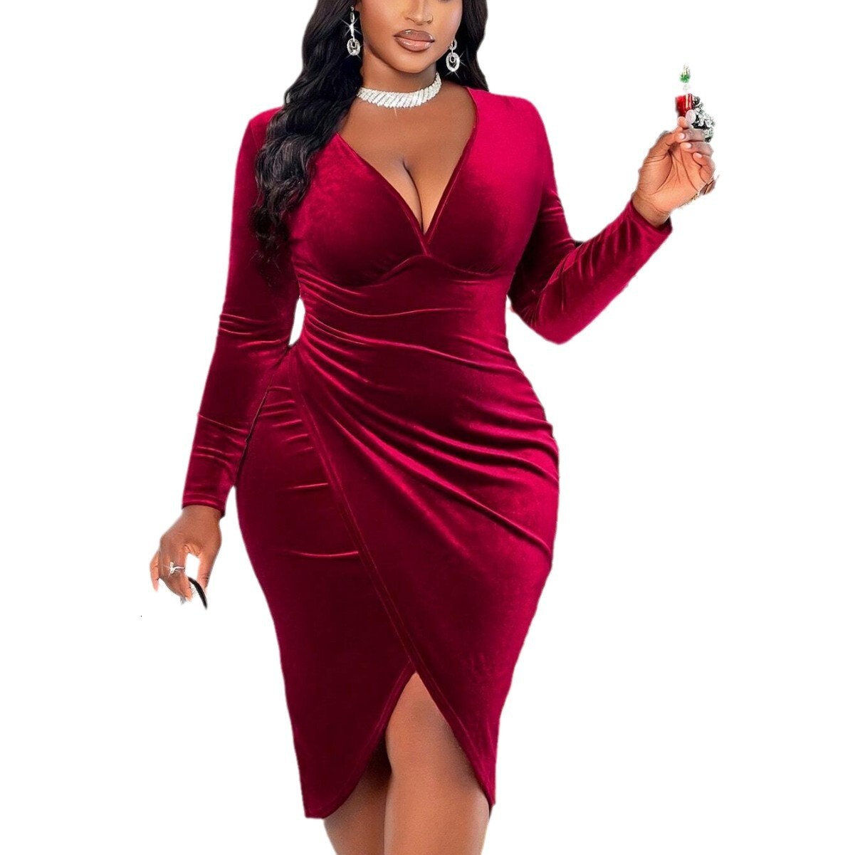 Autumn and Winter New Womens Sexy Socialite Style Dress V-neck Design with Wine Red Mid Length Skirt