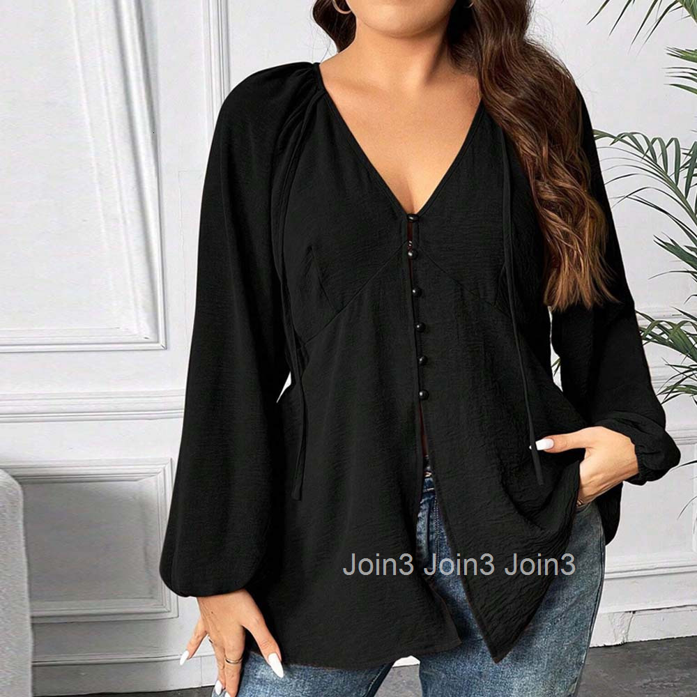Plus Size Womens V-neck T-shirt Autumn and Winter Casual Commuting Style Loose Design Top