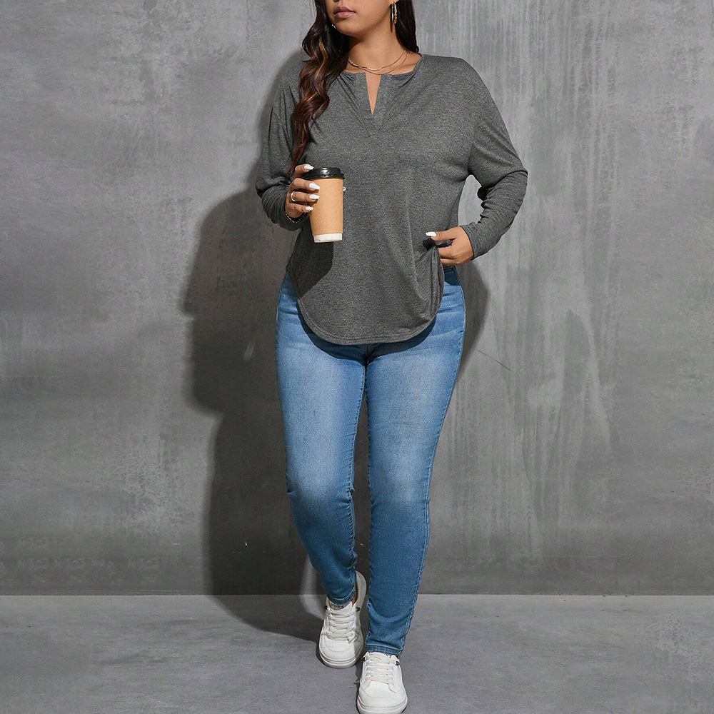 Womens V-neck Simple T-shirt Autumn and Winter Gray Versatile Loose Slimming Base Top