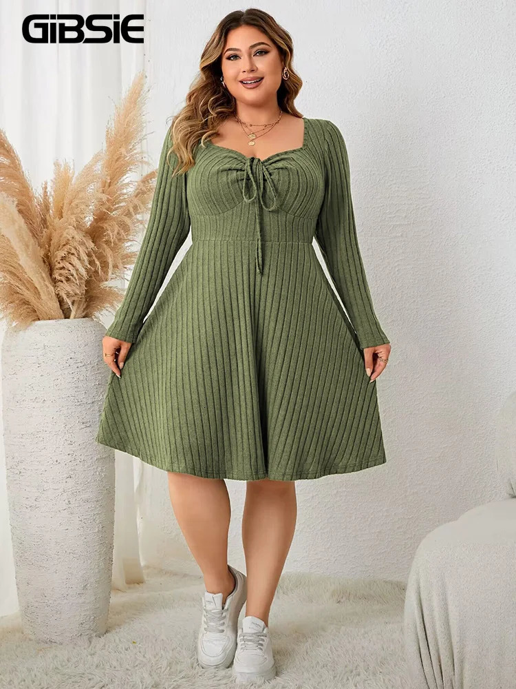 GIBSIE Plus Size Sweettheart Neck Knot Front A-Line Dress Women Fall Vintage Long Sleeve Ribbed Knit Casual Winter Dresses 250515
