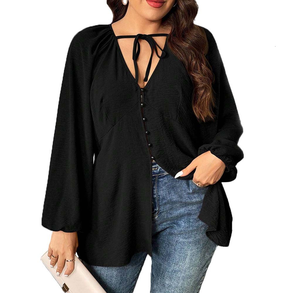 Plus Size Womens V-neck T-shirt Autumn and Winter Casual Commuting Style Loose Design Top