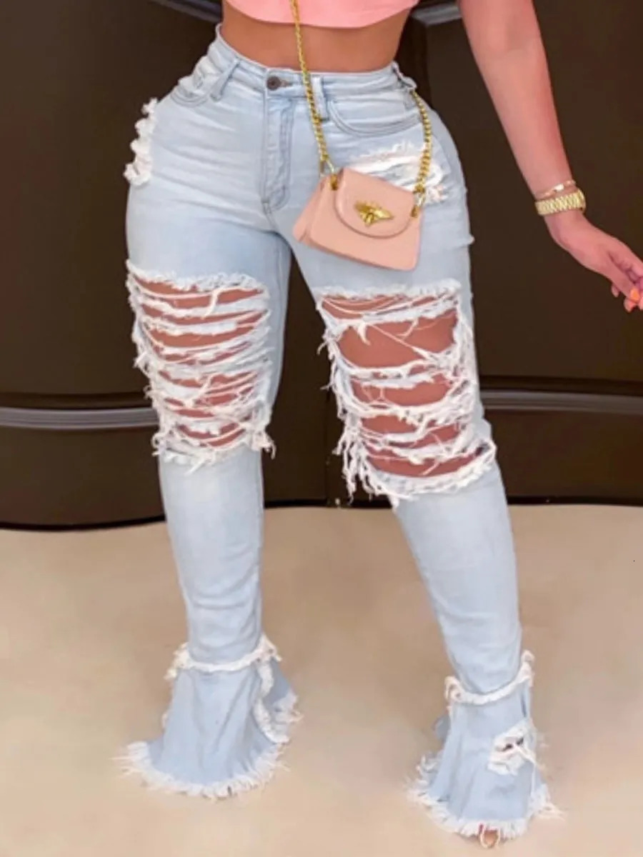 LW Plus Size Ripped Flared High Stretchy Jeans Streetwear Straight Pants Loose Wide Leg Pants Ladies Jeans Y2K Summer Jean 250515