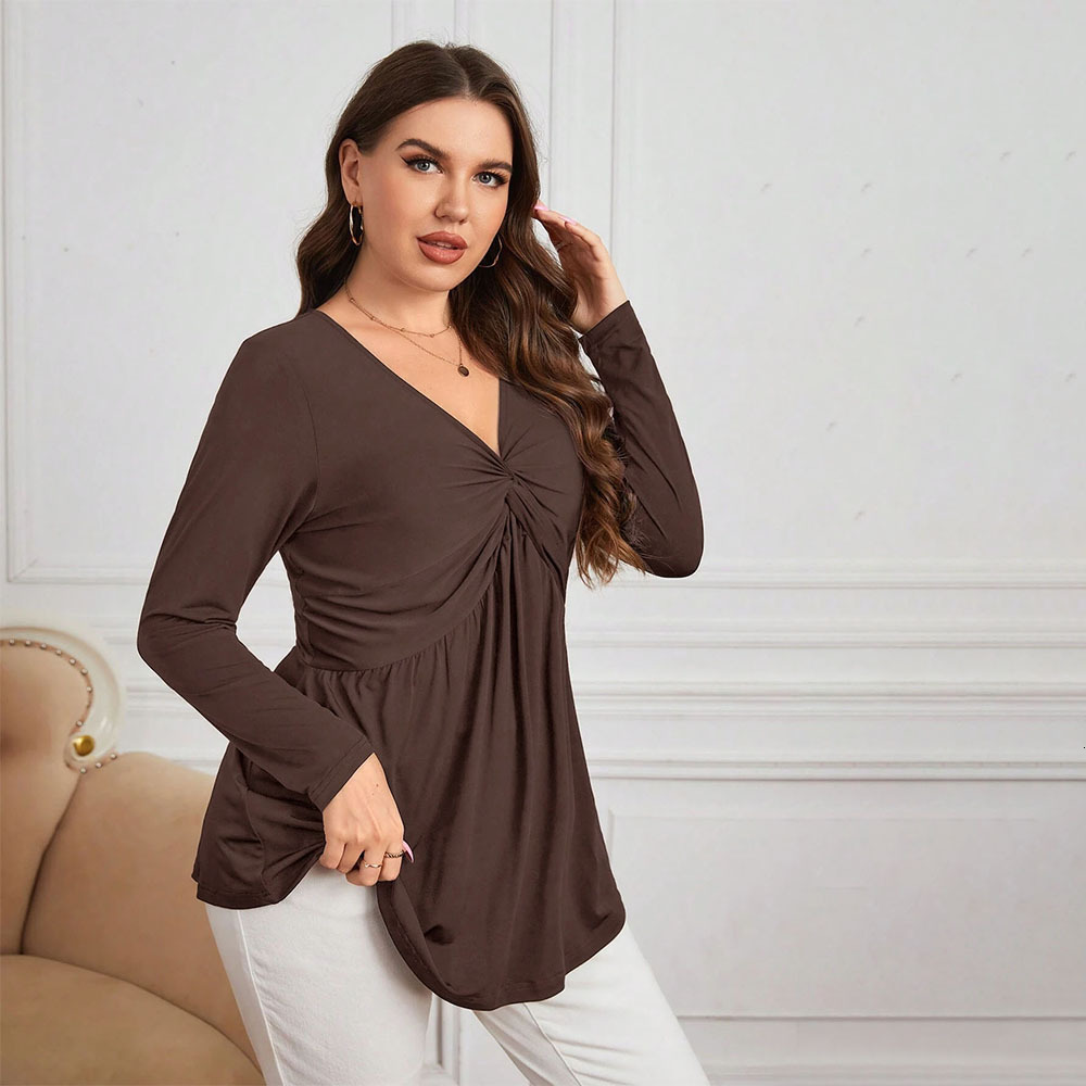 Plus Size Womens Temperament Waist Cinched Knitted Base Shirt Elegant Commuting V-neck Sexy Top