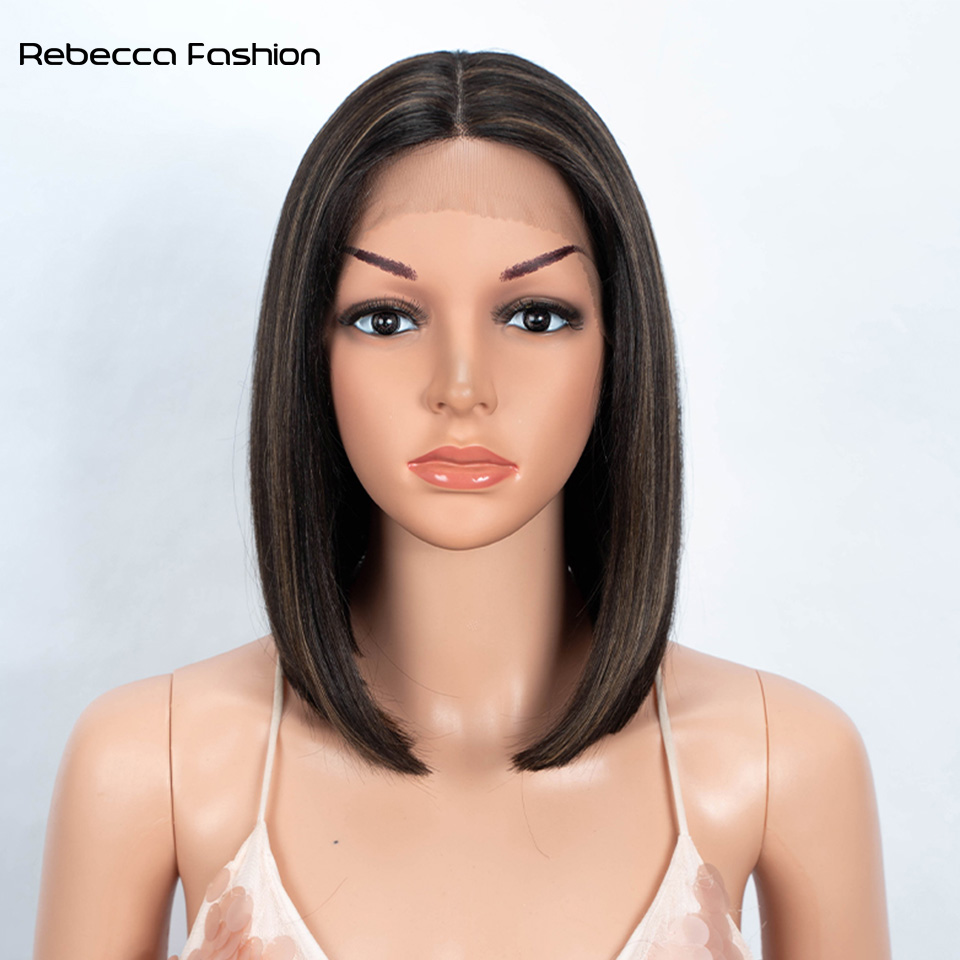 Rebecca Fashion Synthetic Front 12 InchStraight Short Bob Ombre Blonde Colorful For Women Cosplay Wigs Middle Part Lace Wig