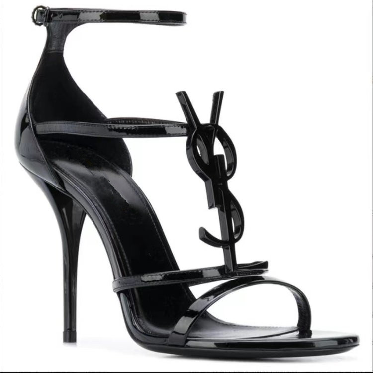 free Shipping One string sandals Designer Versatile Letter buckle Fine and fine Peep Toe Black thin heeled high heels 2025