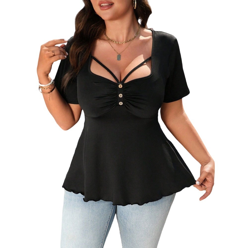 Large Size Womens Elegant Style T-shirt Summer Square Neck Slim Fit and Slimming Top