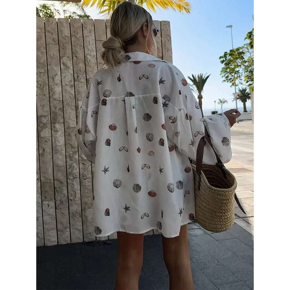 Shell Print Shorts Set Women Loose Lapel Lantern Sleeve Single Breasted Shirt Short Pant Summer Beach 2 Pieces Lady Outfit