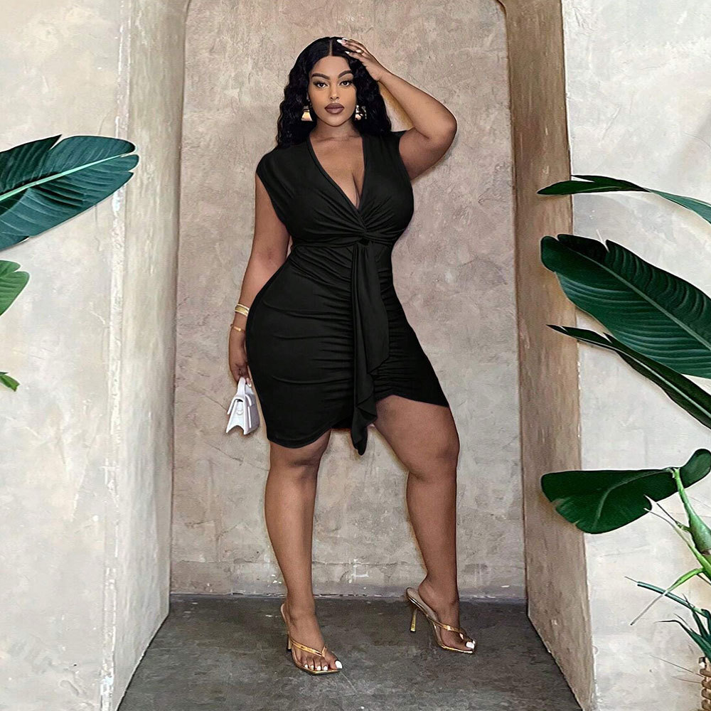 2025 Plus Size Womens Sexy and Pure Desire Dress Summer V-neck Waist Cinched Pleated Hip Hugging Short Skirt