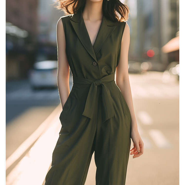 Wide Leg Jumpsuit Light Mature Style Green Suit Jumpsuit Women S Clothing Summer High End Professional Sleeveless One Piece Wide Leg Pants Set