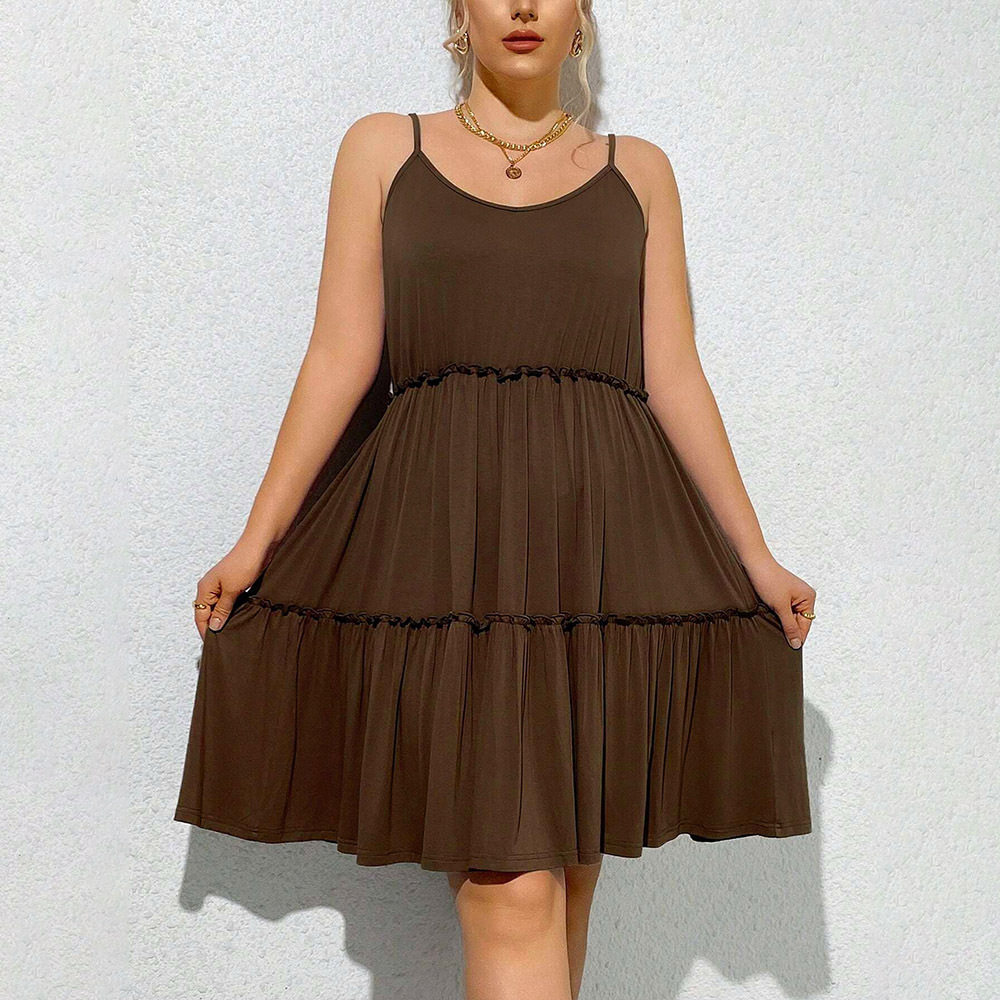 Large Size Womens Elegant Style U-neck Dress Summer New High Waisted Pullover Solid Color Mid Length Skirt