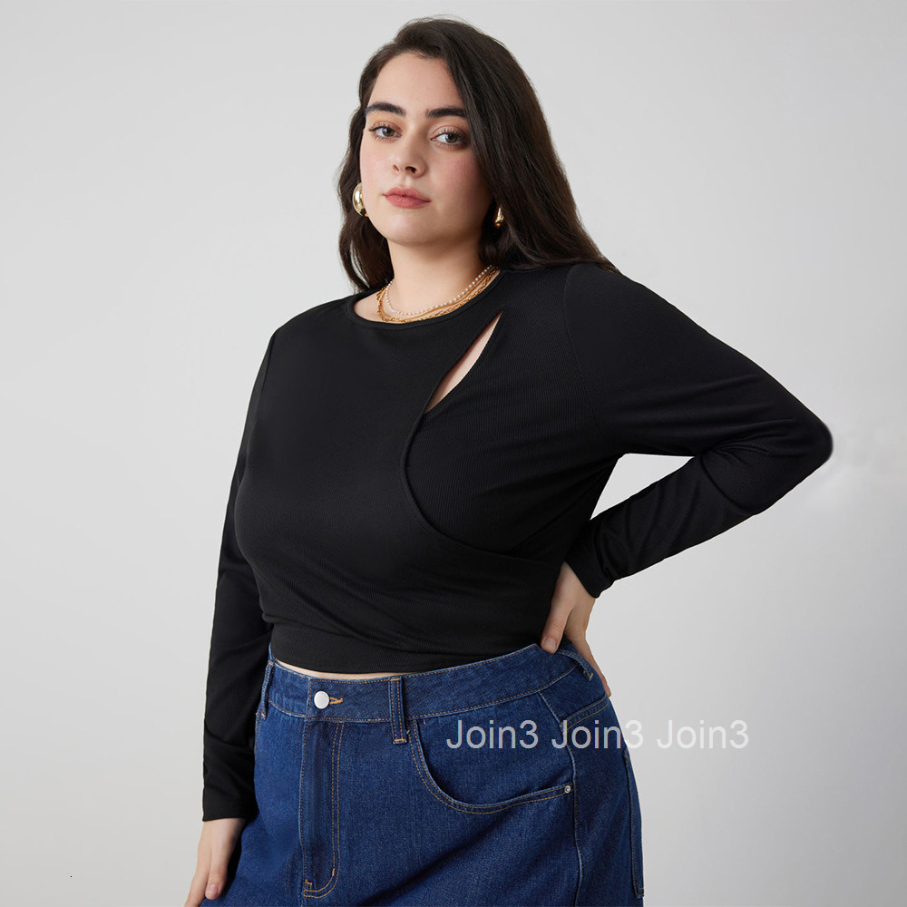 Autumn and Winter New Plus Size Womens Clothing Simple and Sexy Hollow Out T-shirt Slim Fit Long Sleeved Top