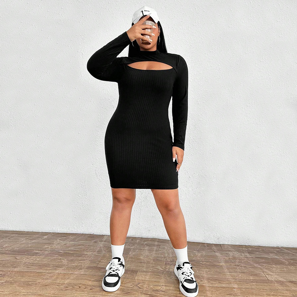 Large Size Womens Autumn and Winter New Slim Fit Sexy Temperament Long Sleeved Hip Hugging Dress
