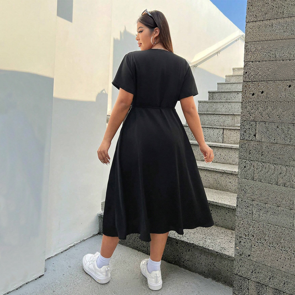 Spring New V-neck Split Middle Long Dress Solid Color Slimming Temperament Short Sleeve Dress