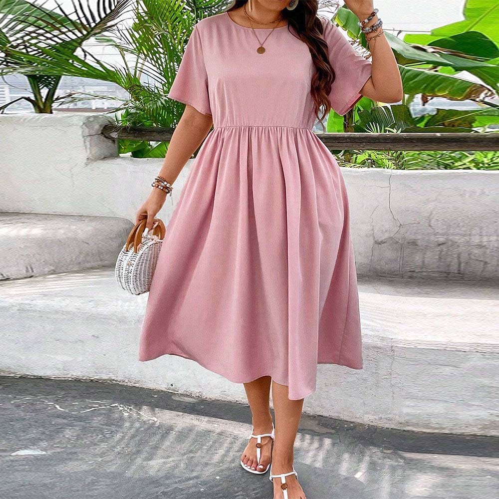 Plus Size Womens Style Neck Short Sleeved Casual Vacation Dress Summer New Collection Waist Cinched A-line Mid Length Skirt