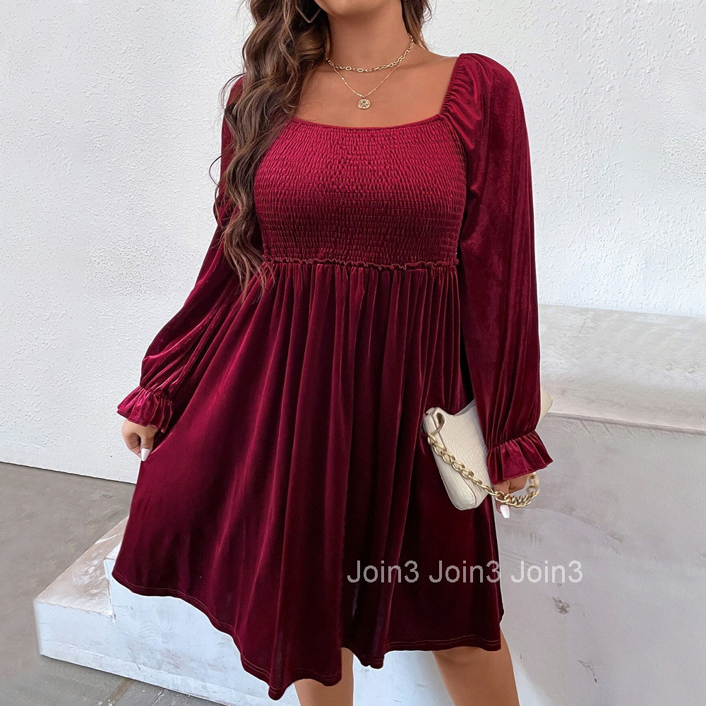 Plus Size Womens Square Neck Elegant Style Dress Autumn and Winter High Waisted Pleated Wine Red Mid Skirt