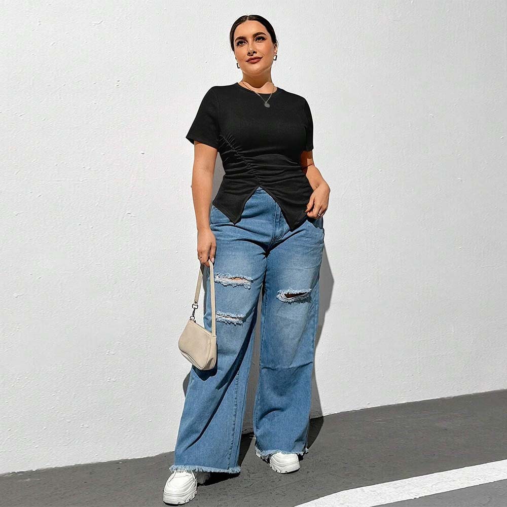 Plus Size Womens Instagram Minimalist T-shirt Summer New Round Neck Solid Color Short Sleeved Split Top