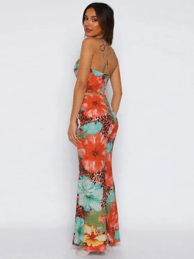 Mozision Leopard Print Sexy 2 Piece Sets Women Summer Fashion Lace-up Halter Crop Tops And Maxi Skirt Female Party Two Piece Set 250516