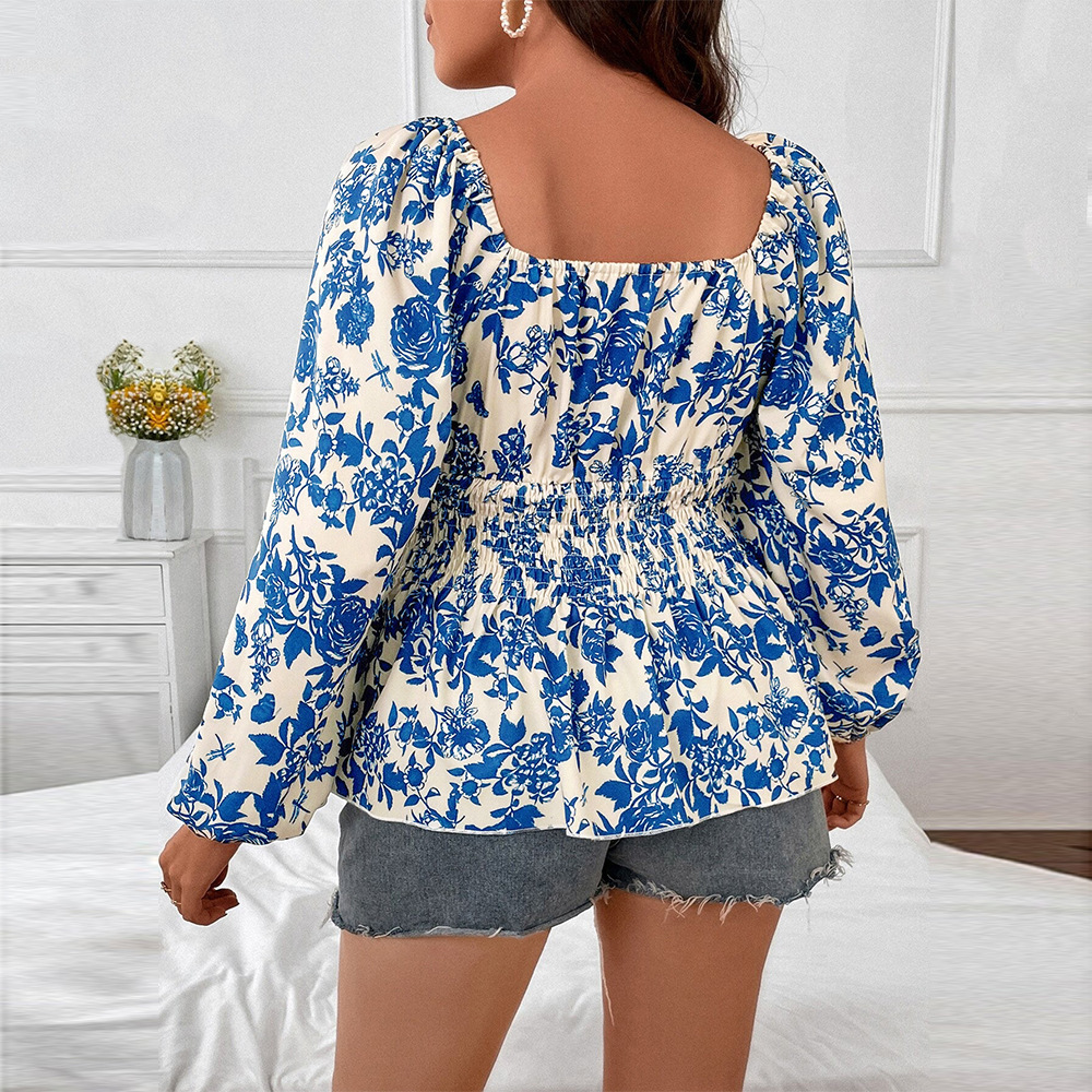 Plus Size Womens Fresh and Gentle Style T-shirt Autumn and Winter Square Neck Age Reducing Sweet Floral Long Sleeved Top