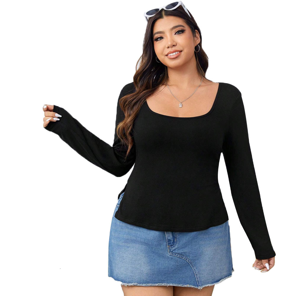 Autumn and Winter Black Knitted Long Sleeved Base Shirt with a Simple Commuting Style Square Neck Slim Fit and Slimming Top