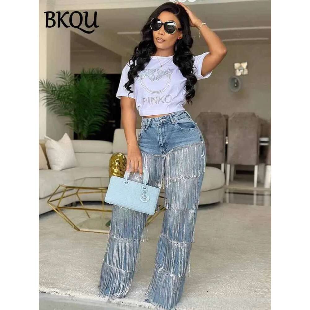 Fashion Sequined Tassel Women's New High Waist Straight Denim Pants Streetwear Hip Hop Blue Shiny Jeans Trousers