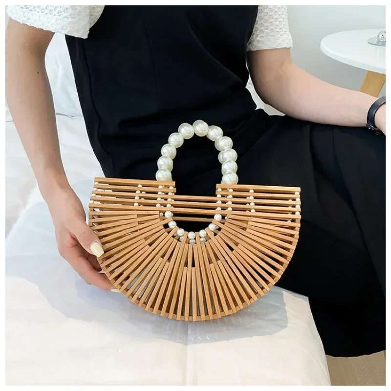 Semicircle Bamboo Designer Shoulder Summer Beach Pearl Handle Women Shopping Handbag Rattan Tote Bag Purse