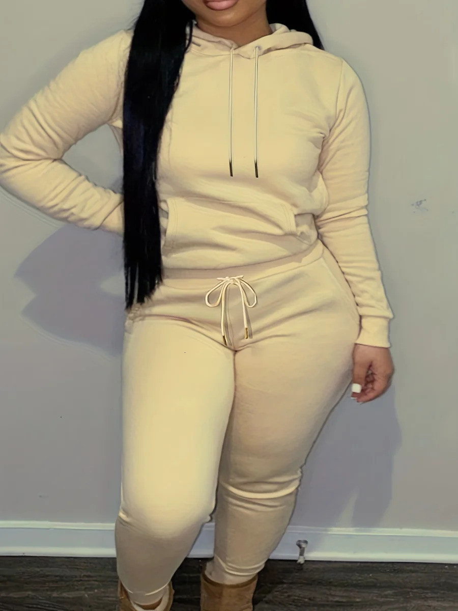 LW Plus Size Autumn winter Two pieces set Hooded Collar Kangaroo Pocket Tracksuit Set Trouser Pieces Matching Suits 250513Z