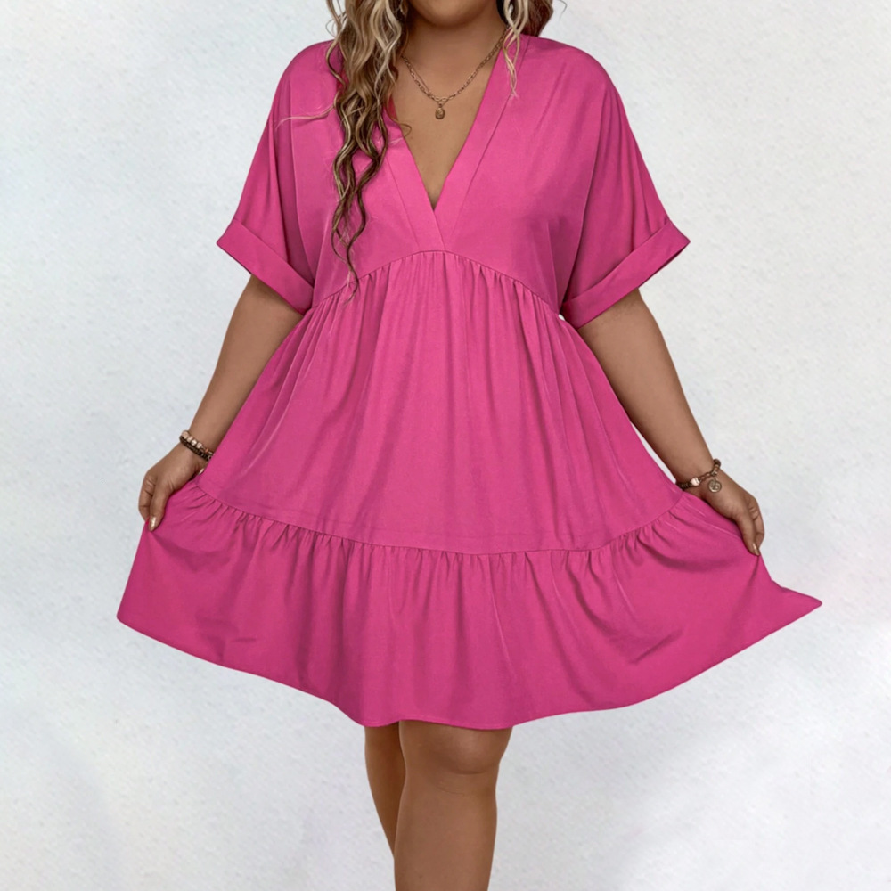 Sweet and Fresh Niche Mid Length Dress Spring New Item Solid Color V-neck Slimming Short Sleeved Dress