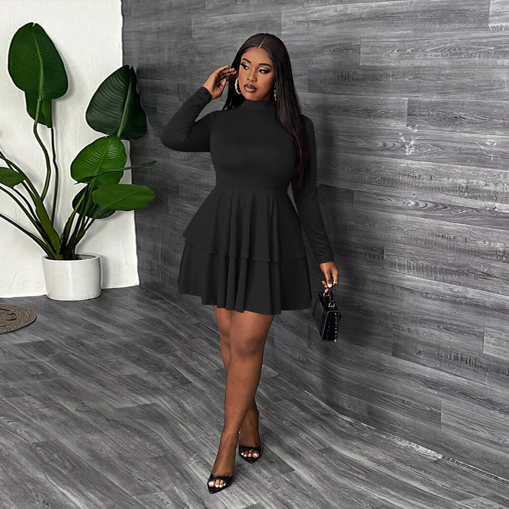 Plus Size Womens Simple Semi High Neck Dress Autumn and Winter Fashion Slim Fit Short Skirt