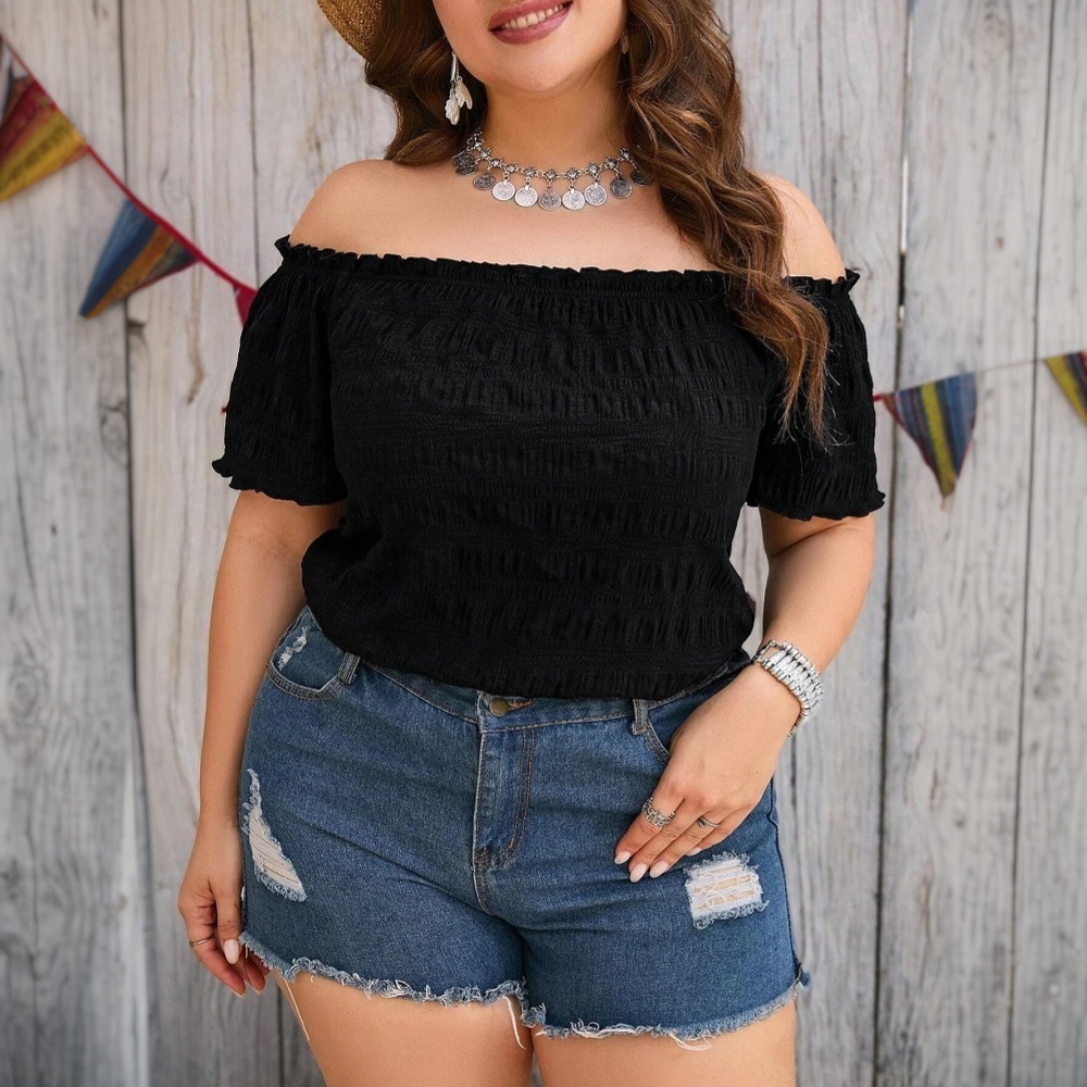 2025 Womens Sweet and Spicy Style Strapless T-shirt Summer New Item Solid Color One Neck Short Top